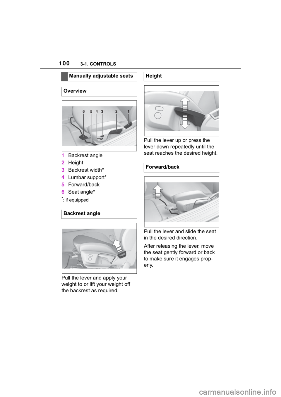 TOYOTA SUPRA 2023 Owners Manual 1003-1. CONTROLS
1Backrest angle
2 Height
3 Backrest width*
4 Lumbar support*
5 Forward/back
6 Seat angle*
*: if equipped
Pull the lever and apply your
weight to or lift your weight off
the backrest TOYOTA SUPRA 2023 Owners Manual 1003-1. CONTROLS
1Backrest angle
2 Height
3 Backrest width*
4 Lumbar support*
5 Forward/back
6 Seat angle*
*: if equipped
Pull the lever and apply your
weight to or lift your weight off
the backrest