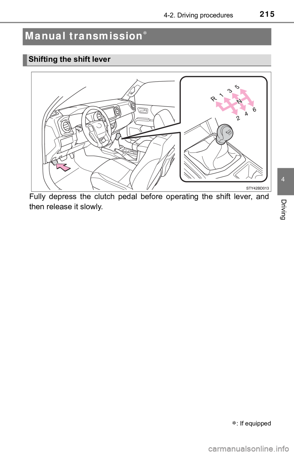 TOYOTA TUNDRA 2022  Owners Manual 2154-2. Driving procedures
4
Driving
Manual transmission
Fully  depress  the  clutch  pedal  before  operating  the  shift  lever,  and
then release it slowly.
: If equipped
Shifting the shift l