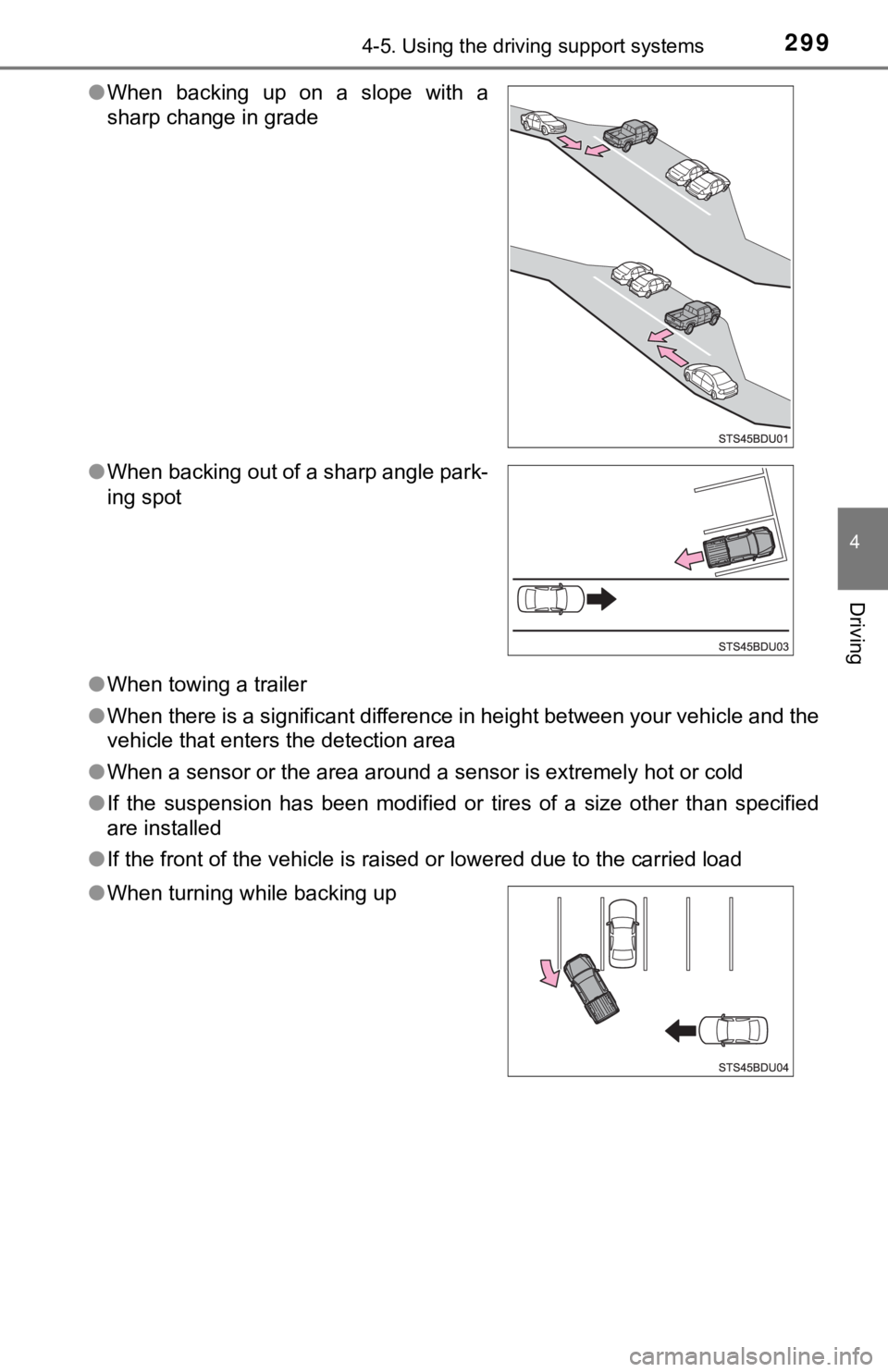 TOYOTA TUNDRA 2022  Owners Manual 2994-5. Using the driving support systems
4
Driving
●When towing a trailer
● When there is a significant difference in height between your vehicle and the
vehicle that enters the detection area

