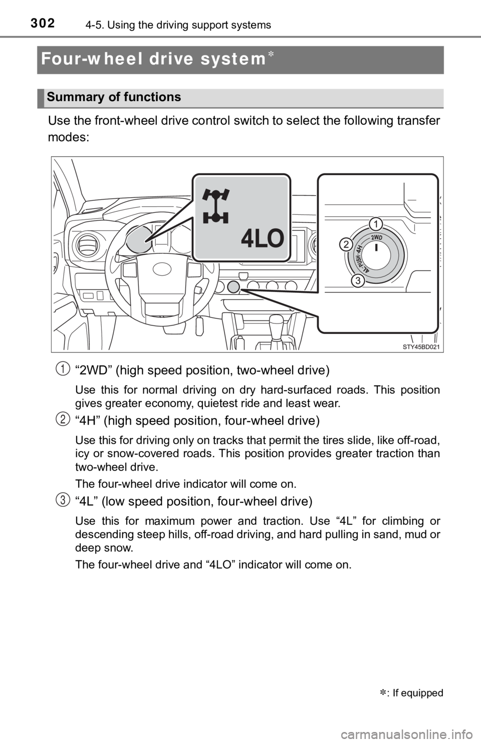 TOYOTA TUNDRA 2022  Owners Manual 3024-5. Using the driving support systems
Four-wheel drive system
Use the front-wheel drive control switch to select the following transfer
modes:
“2WD” (high speed position, two-wheel drive)
U