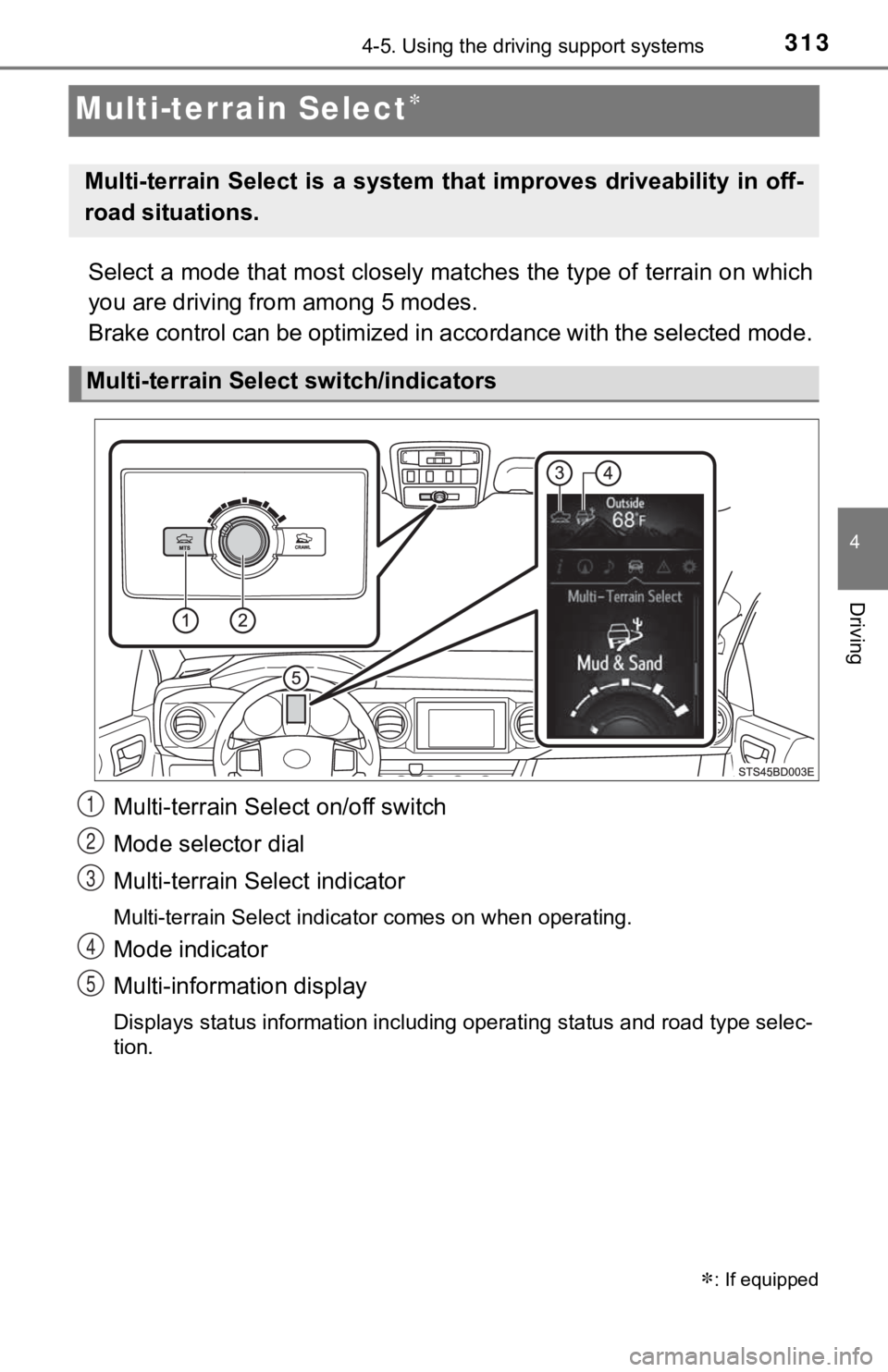 TOYOTA TUNDRA 2022 Owners Manual 3134-5. Using the driving support systems
4
Driving
Multi-terrain Select
Select a mode that most closely matches the type of terrain on which
you are driving from among 5 modes.
Brake control can TOYOTA TUNDRA 2022 Owners Manual 3134-5. Using the driving support systems
4
Driving
Multi-terrain Select
Select a mode that most closely matches the type of terrain on which
you are driving from among 5 modes.
Brake control can