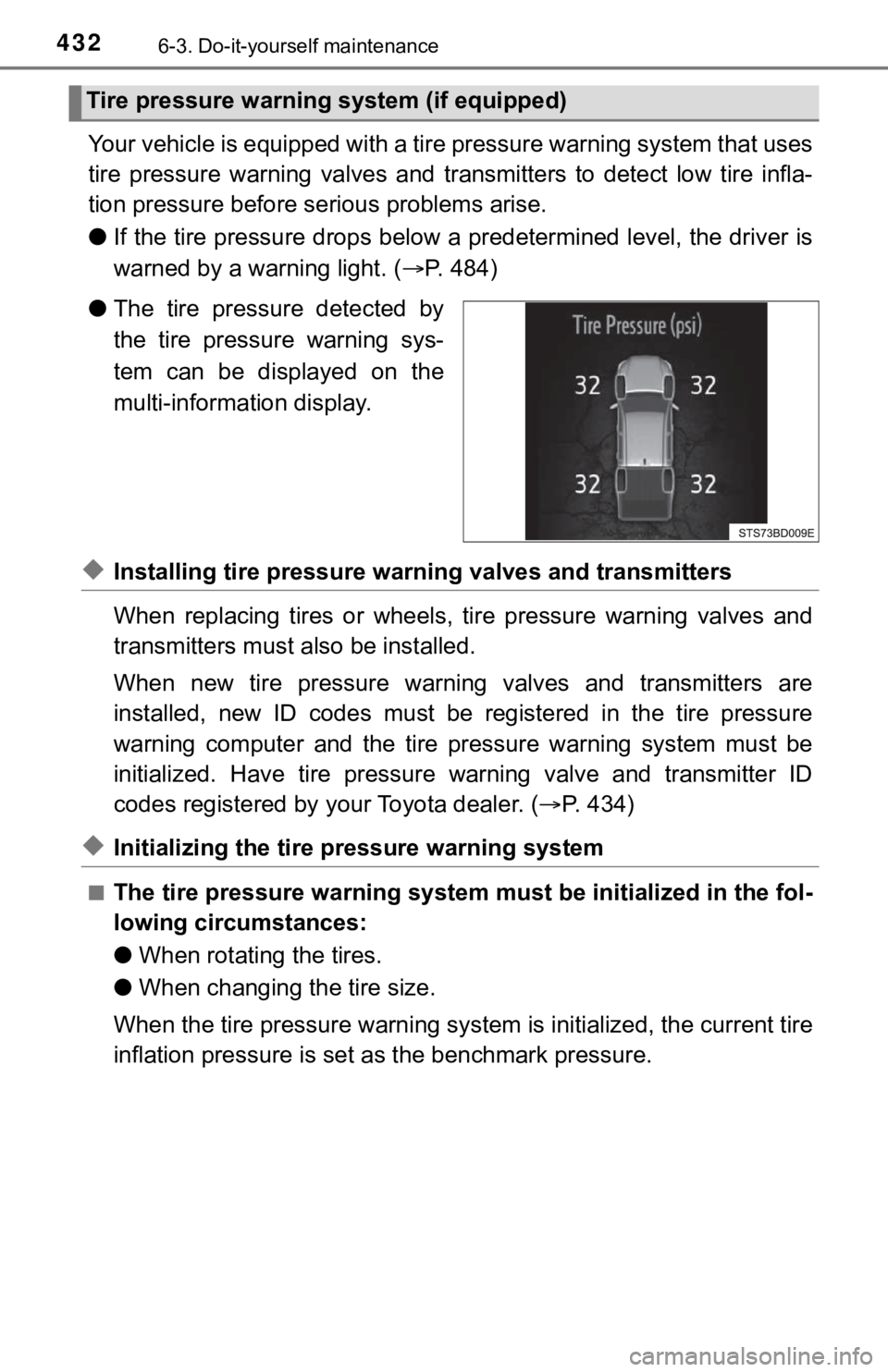 TOYOTA TUNDRA 2022  Owners Manual 4326-3. Do-it-yourself maintenance
Your vehicle is equipped with a tire pressure warning system that uses
tire  pressure  warning  valves  and   transmitters  to  detect  low  tire  infla-
tion pressu