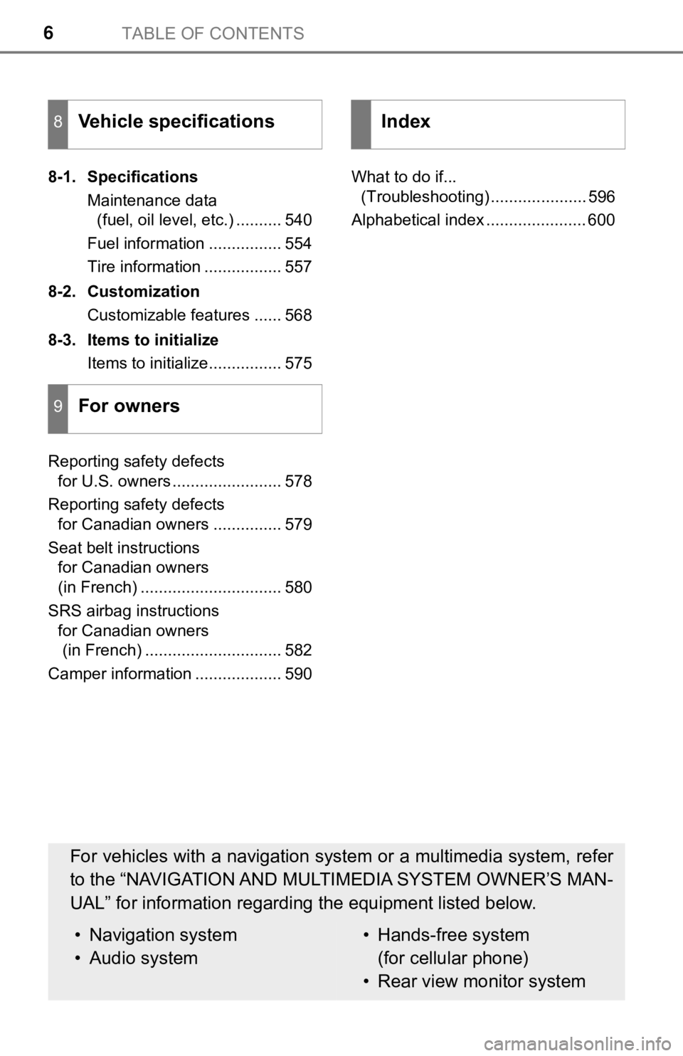 TOYOTA TUNDRA 2022  Owners Manual TABLE OF CONTENTS6
8-1. SpecificationsMaintenance data (fuel, oil level, etc.) .......... 540
Fuel information ................ 554
Tire information ................. 557
8-2. Customization Customizab