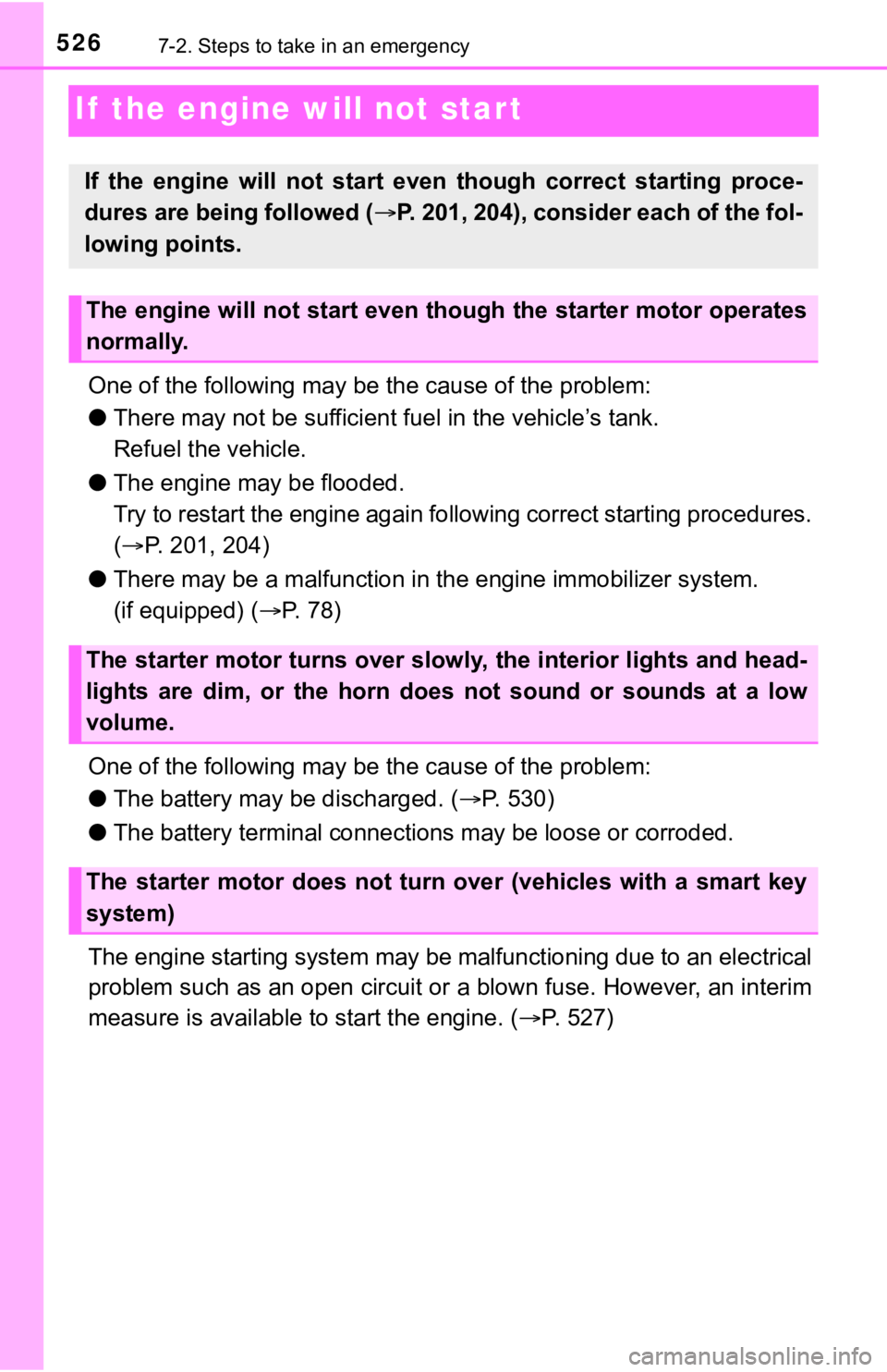 TOYOTA TUNDRA 2022 Owners Manual 5267-2. Steps to take in an emergency
If the engine will not star t
One of the following may be the cause of the problem:
● There may not be sufficient f uel in the vehicle’s tank.
Refuel the veh TOYOTA TUNDRA 2022 Owners Manual 5267-2. Steps to take in an emergency
If the engine will not star t
One of the following may be the cause of the problem:
● There may not be sufficient f uel in the vehicle’s tank.
Refuel the veh