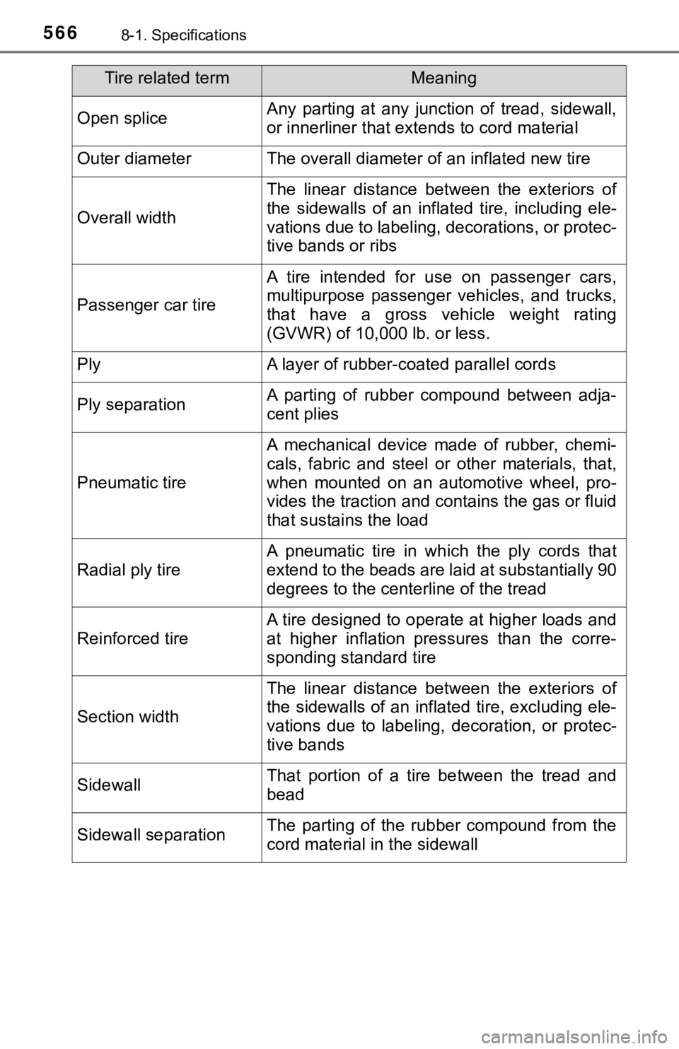 TOYOTA TUNDRA 2022  Owners Manual 5668-1. Specifications
Open spliceAny  parting  at  any  junction  of  tread,  sidewall,
or innerliner that extends to cord material
Outer diameterThe overall diameter of an inflated new tire
Overall 