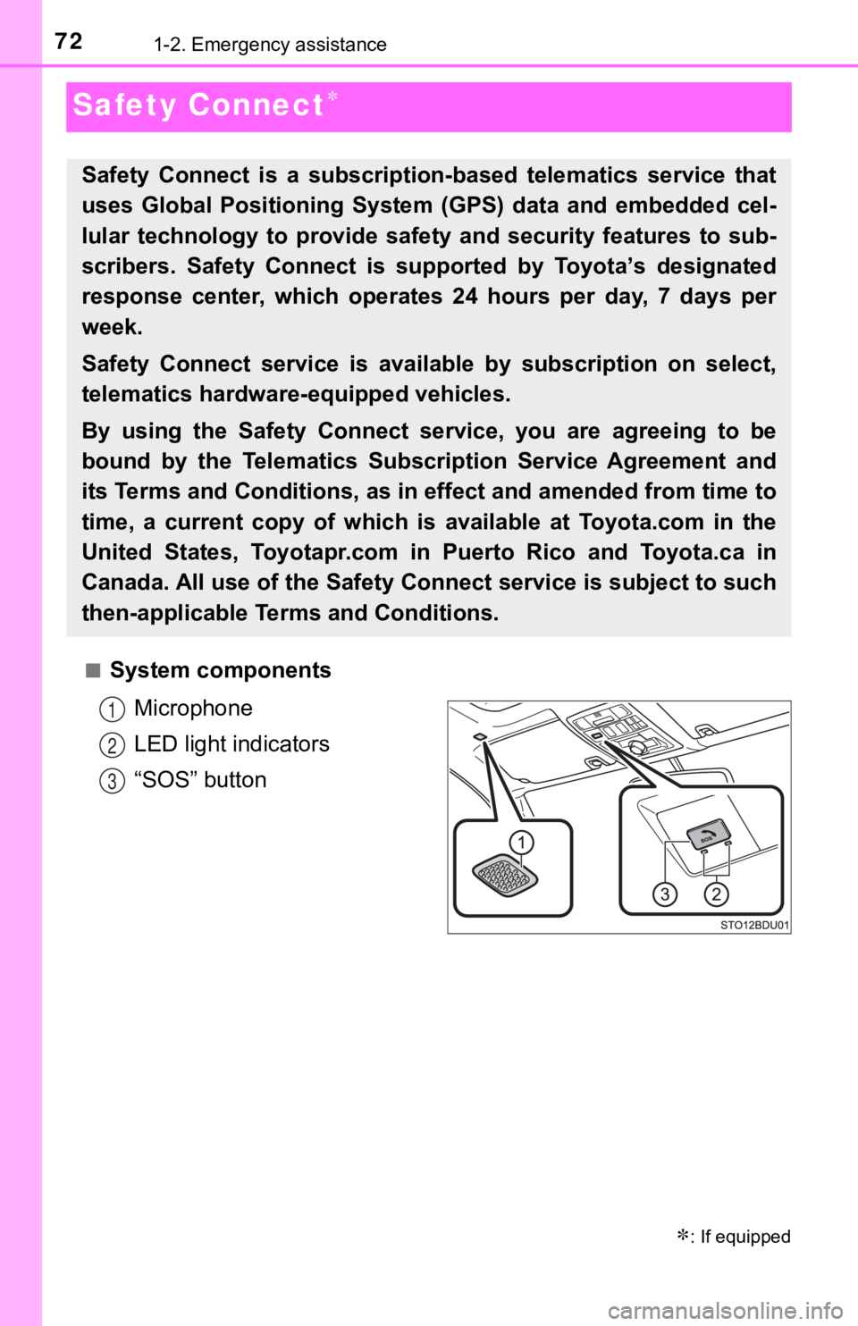 TOYOTA TUNDRA 2022 Manual PDF 721-2. Emergency assistance
Safety Connect
■System componentsMicrophone
LED light indicators
“SOS” button
Safety Connect is a subscription-based telematics service that
uses Global P TOYOTA TUNDRA 2022 Manual PDF 721-2. Emergency assistance
Safety Connect
■System componentsMicrophone
LED light indicators
“SOS” button
Safety Connect is a subscription-based telematics service that
uses Global P