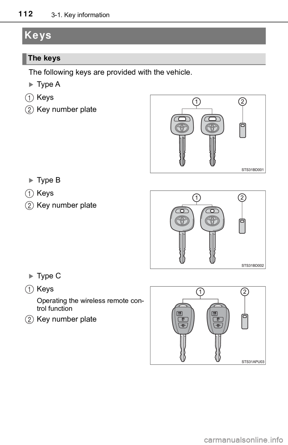 TOYOTA TUNDRA 2023 Owners Manual 1123-1. Key information
Keys
The following keys are provided with the vehicle.
Ty p e A
Keys
Key number plate
Ty p e B
Keys
Key number plate
Ty p e C
Keys
Operating the wireless remote c TOYOTA TUNDRA 2023 Owners Manual 1123-1. Key information
Keys
The following keys are provided with the vehicle.
Ty p e A
Keys
Key number plate
Ty p e B
Keys
Key number plate
Ty p e C
Keys
Operating the wireless remote c