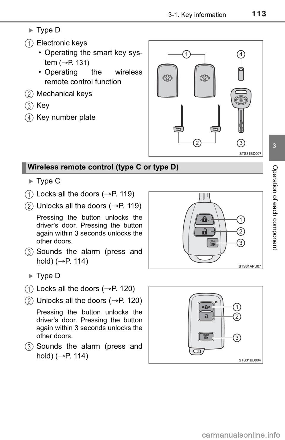 TOYOTA TUNDRA 2023 Owners Manual 1133-1. Key information
3
Operation of each component
Ty p e D
Electronic keys
• Operating the smart key sys- tem
(P. 131)
• Operating the wireless
remote control function
Mechanical ke TOYOTA TUNDRA 2023 Owners Manual 1133-1. Key information
3
Operation of each component
Ty p e D
Electronic keys
• Operating the smart key sys- tem
(P. 131)
• Operating the wireless
remote control function
Mechanical ke