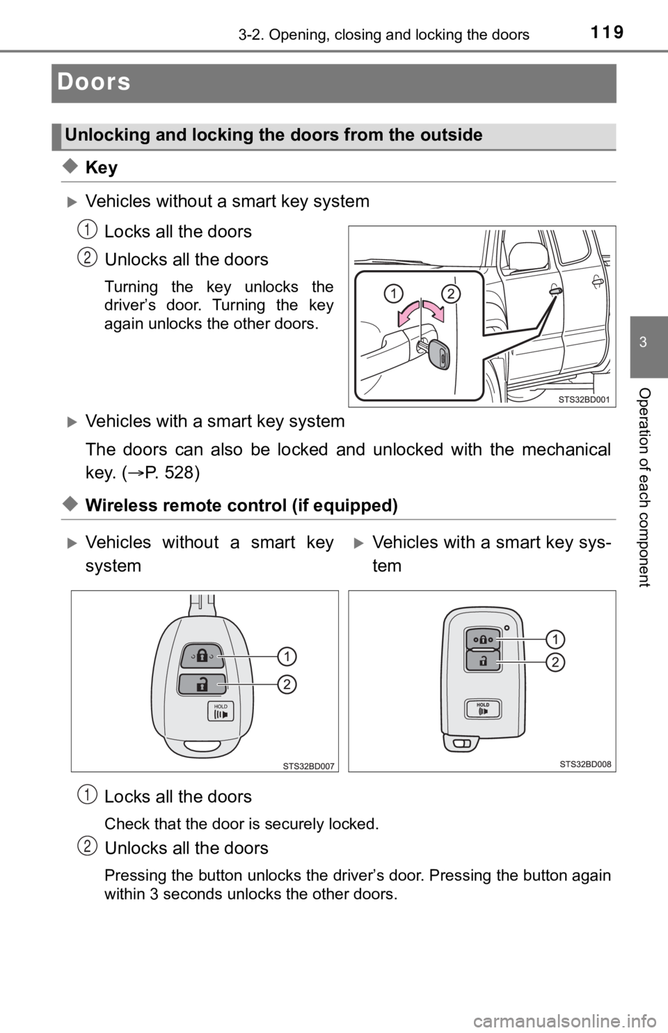TOYOTA TUNDRA 2023 Owners Manual 1193-2. Opening, closing and locking the doors
3
Operation of each component
Doors
◆Key
Vehicles without a smart key system
Locks all the doors
Unlocks all the doors
Turning the key unlocks t TOYOTA TUNDRA 2023 Owners Manual 1193-2. Opening, closing and locking the doors
3
Operation of each component
Doors
◆Key
Vehicles without a smart key system
Locks all the doors
Unlocks all the doors
Turning the key unlocks t