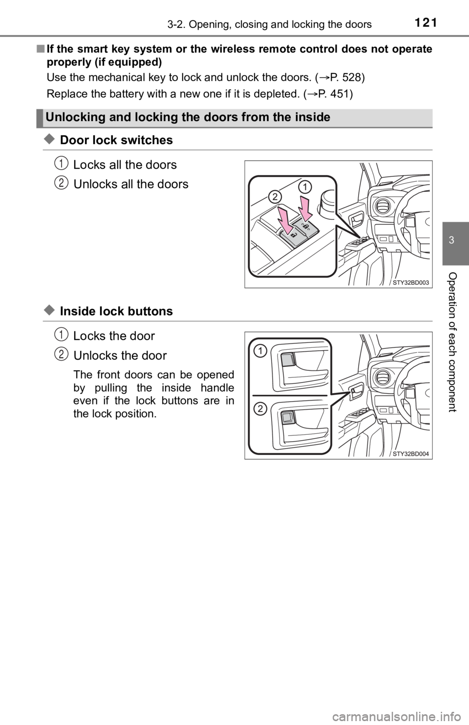 TOYOTA TUNDRA 2023 Owners Manual 1213-2. Opening, closing and locking the doors
3
Operation of each component
■If the smart key system or the wireless remote control does not operate
properly (if equipped)
Use the mechanical key to TOYOTA TUNDRA 2023 Owners Manual 1213-2. Opening, closing and locking the doors
3
Operation of each component
■If the smart key system or the wireless remote control does not operate
properly (if equipped)
Use the mechanical key to