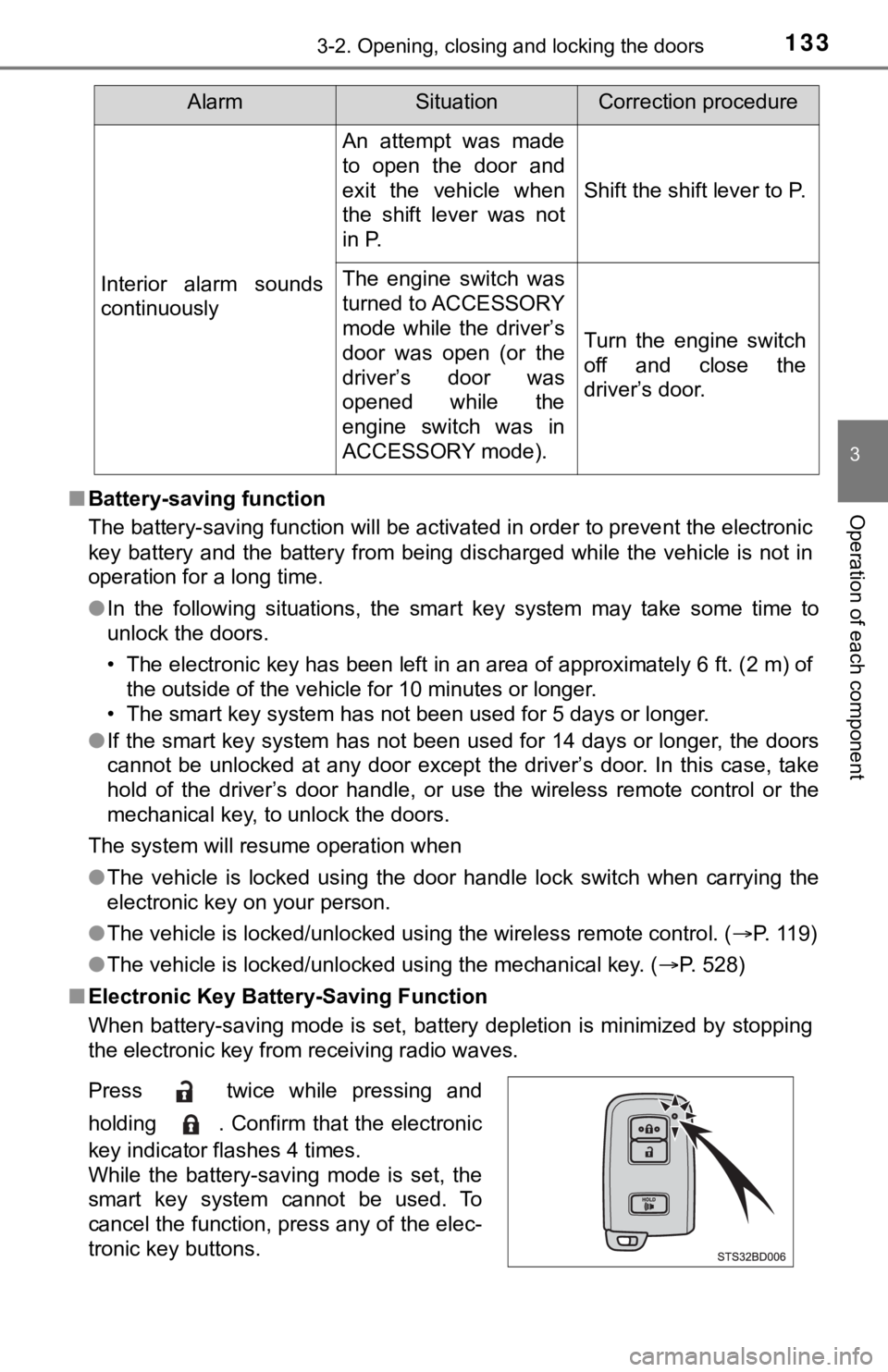 TOYOTA TUNDRA 2023 Owners Manual 1333-2. Opening, closing and locking the doors
3
Operation of each component■Battery-saving function
The battery-saving function will be activated in order to preve nt the electronic
key battery a TOYOTA TUNDRA 2023 Owners Manual 1333-2. Opening, closing and locking the doors
3
Operation of each component■Battery-saving function
The battery-saving function will be activated in order to preve nt the electronic
key battery a