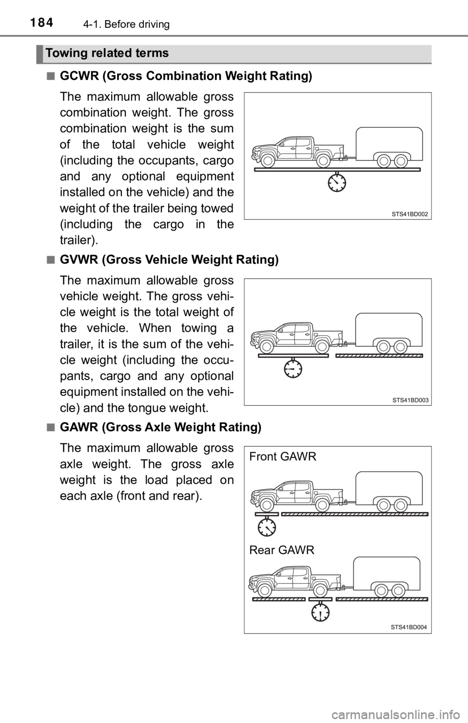 TOYOTA TUNDRA 2023 Owners Manual 1844-1. Before driving
■GCWR (Gross Combination Weight Rating)
The maximum allowable gross
combination weight. The gross
combination weight is the sum
of the total vehicle weight
(incl TOYOTA TUNDRA 2023 Owners Manual 1844-1. Before driving
■GCWR (Gross Combination Weight Rating)
The maximum allowable gross
combination weight. The gross
combination weight is the sum
of the total vehicle weight
(incl