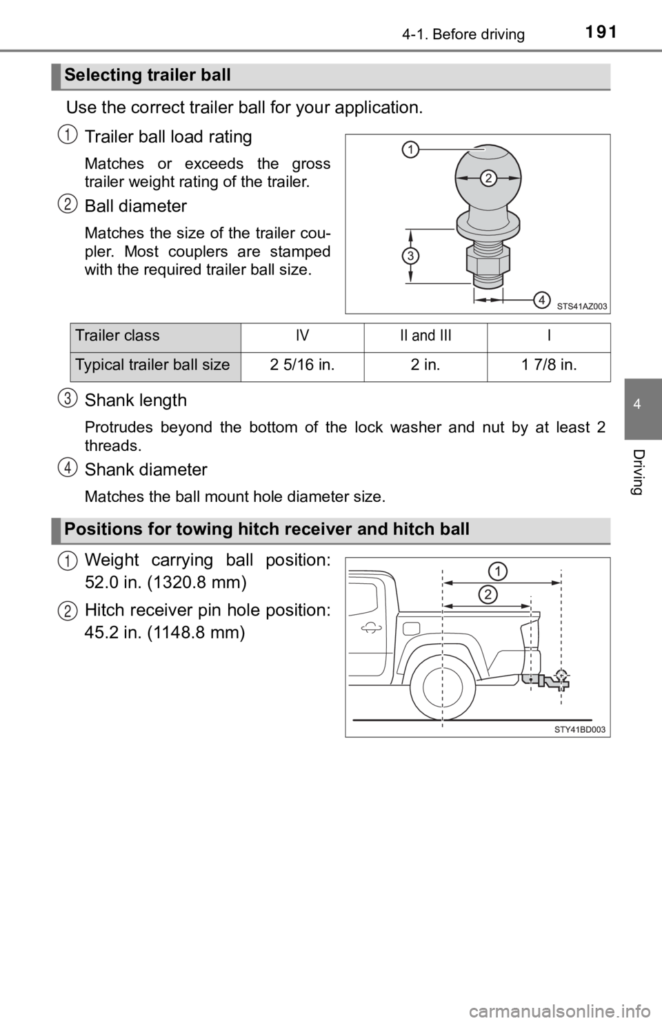 TOYOTA TUNDRA 2023 Owners Manual 1914-1. Before driving
4
Driving
Use the correct trailer ball for your application.Trailer ball load rating
Matches or exceeds the gross
trailer weight rating of the trailer.
Ball diameter
Matches TOYOTA TUNDRA 2023 Owners Manual 1914-1. Before driving
4
Driving
Use the correct trailer ball for your application.Trailer ball load rating
Matches or exceeds the gross
trailer weight rating of the trailer.
Ball diameter
Matches