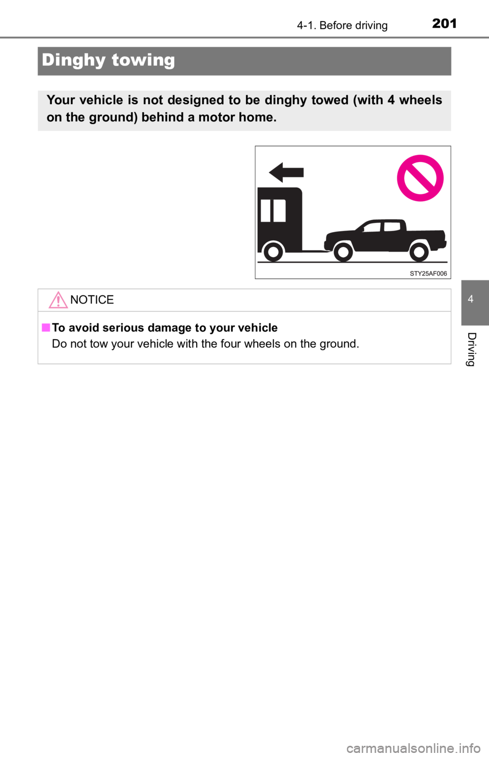 TOYOTA TUNDRA 2023 Owners Manual 2014-1. Before driving
4
Driving
Dinghy towing
Your vehicle is not designed to be dinghy towed (with 4 wheels
on the ground) behind a motor home.
NOTICE
■To avoid serious damage to your TOYOTA TUNDRA 2023 Owners Manual 2014-1. Before driving
4
Driving
Dinghy towing
Your vehicle is not designed to be dinghy towed (with 4 wheels
on the ground) behind a motor home.
NOTICE
■To avoid serious damage to your