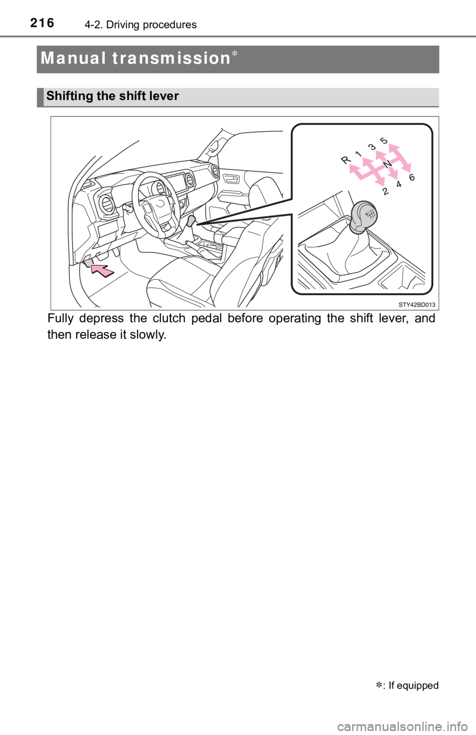 TOYOTA TUNDRA 2023 Owners Manual 2164-2. Driving procedures
Manual transmission
Fully depress the clutch pedal before operating the shift lever, and
then release it slowly.
: If equipped
Shifting the shift lever TOYOTA TUNDRA 2023 Owners Manual 2164-2. Driving procedures
Manual transmission
Fully depress the clutch pedal before operating the shift lever, and
then release it slowly.
: If equipped
Shifting the shift lever