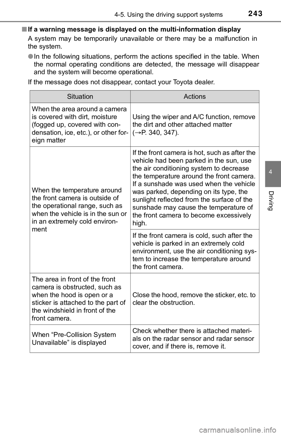 TOYOTA TUNDRA 2023  Owners Manual 2434-5. Using the driving support systems
4
Driving
■If a warning message is displayed on the multi-information display
A  system  may  be  temporarily  unavailable  or  there  may  be  a  malfu nct