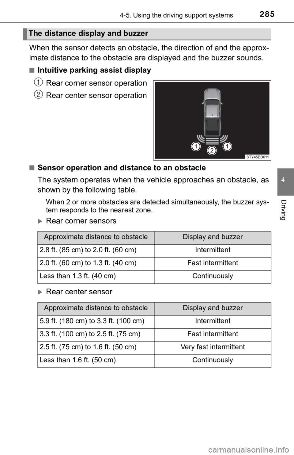TOYOTA TUNDRA 2023  Owners Manual 2854-5. Using the driving support systems
4
Driving
When the sensor detects an obstacle, the direction of and the approx-
imate distance to the o bstacle are displayed and the buzzer sou nds.
■Intui