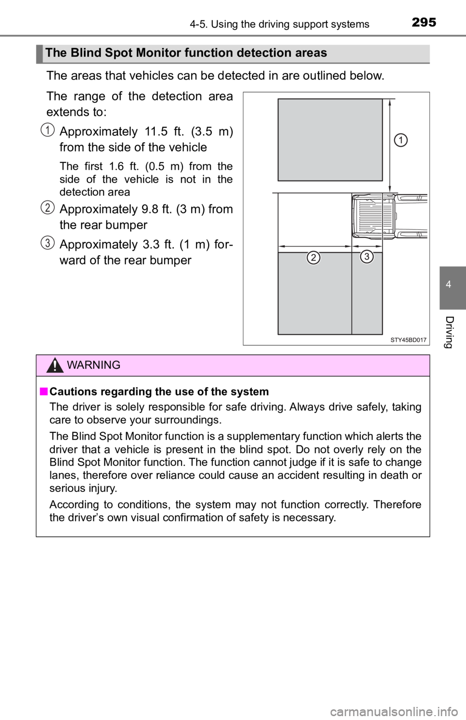 TOYOTA TUNDRA 2023 Owners Manual 2954-5. Using the driving support systems
4
Driving
The areas that vehicles can be detected in are outlined below.
The range of the detection area
extends to:Approximately 11.5 ft. (3.5 m)
fr TOYOTA TUNDRA 2023 Owners Manual 2954-5. Using the driving support systems
4
Driving
The areas that vehicles can be detected in are outlined below.
The range of the detection area
extends to:Approximately 11.5 ft. (3.5 m)
fr