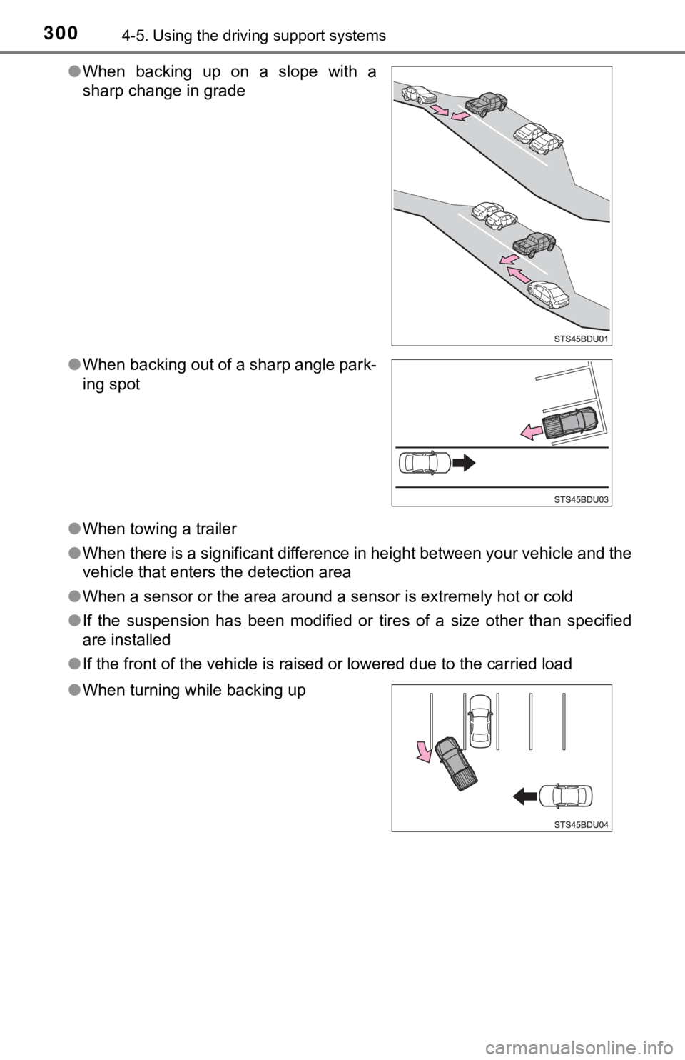 TOYOTA TUNDRA 2023 Owners Manual 3004-5. Using the driving support systems
●When towing a trailer
● When there is a significant difference in height between your vehicle and the
vehicle that enters the detection area
● When a s TOYOTA TUNDRA 2023 Owners Manual 3004-5. Using the driving support systems
●When towing a trailer
● When there is a significant difference in height between your vehicle and the
vehicle that enters the detection area
● When a s