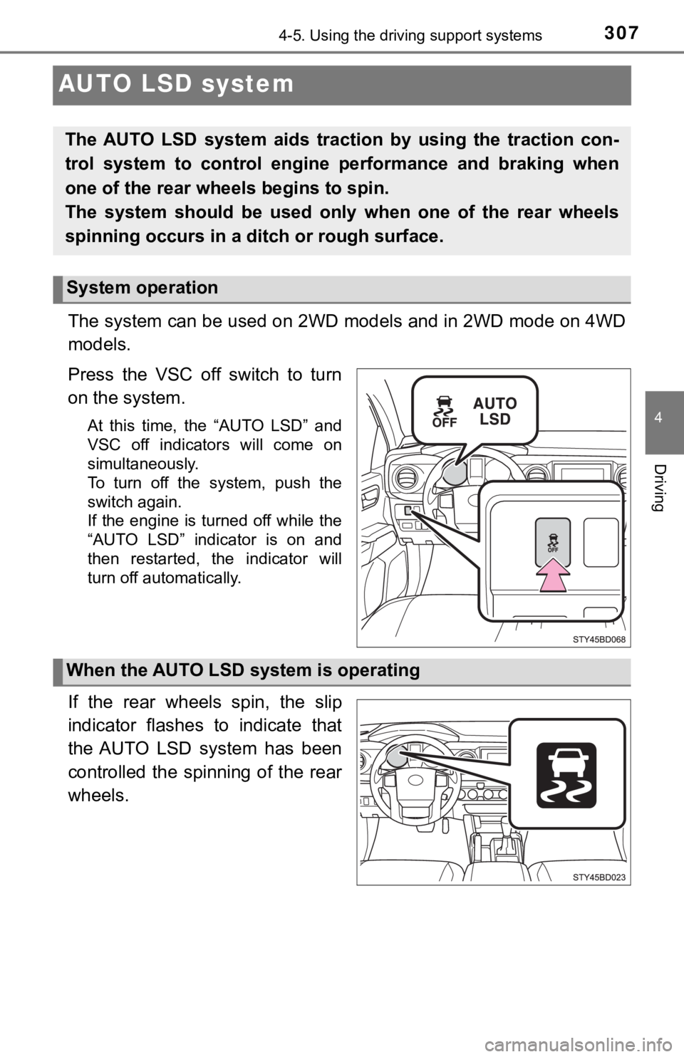 TOYOTA TUNDRA 2023 Owners Manual 3074-5. Using the driving support systems
4
Driving
AUTO LSD system
The system can be used on 2WD models and in 2WD mode on 4WD
models.
Press the VSC off switch to turn
on the system.
At this TOYOTA TUNDRA 2023 Owners Manual 3074-5. Using the driving support systems
4
Driving
AUTO LSD system
The system can be used on 2WD models and in 2WD mode on 4WD
models.
Press the VSC off switch to turn
on the system.
At this