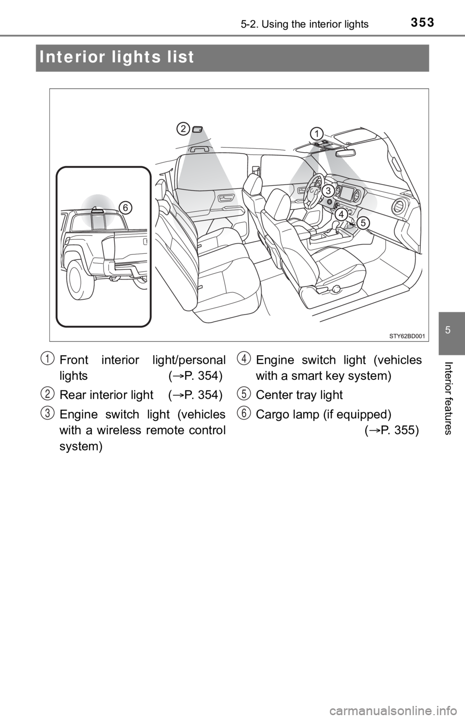 TOYOTA TUNDRA 2023  Owners Manual 3535-2. Using the interior lights
5
Interior features
Interior lights list
Front  interior  light/personal
lights　　　　　  ( P.   3 5 4 )
Rear interior light  ( P.   3 5 4 )
Engine  switc