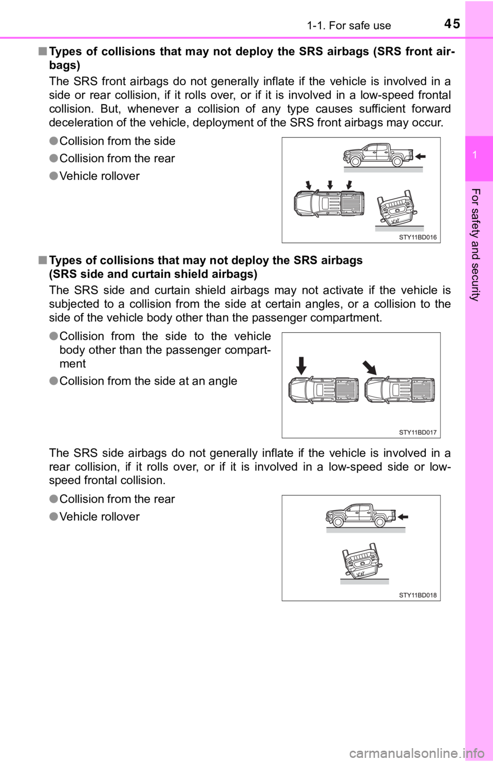 TOYOTA TUNDRA 2023 Service Manual 451-1. For safe use
1
For safety and security
■Types  of  collisions  that  may  not  deploy  the  SRS  airbags  (SRS  fr ont  air-
bags)
The  SRS  front  airbags  do  not  generally  inflate  if  t