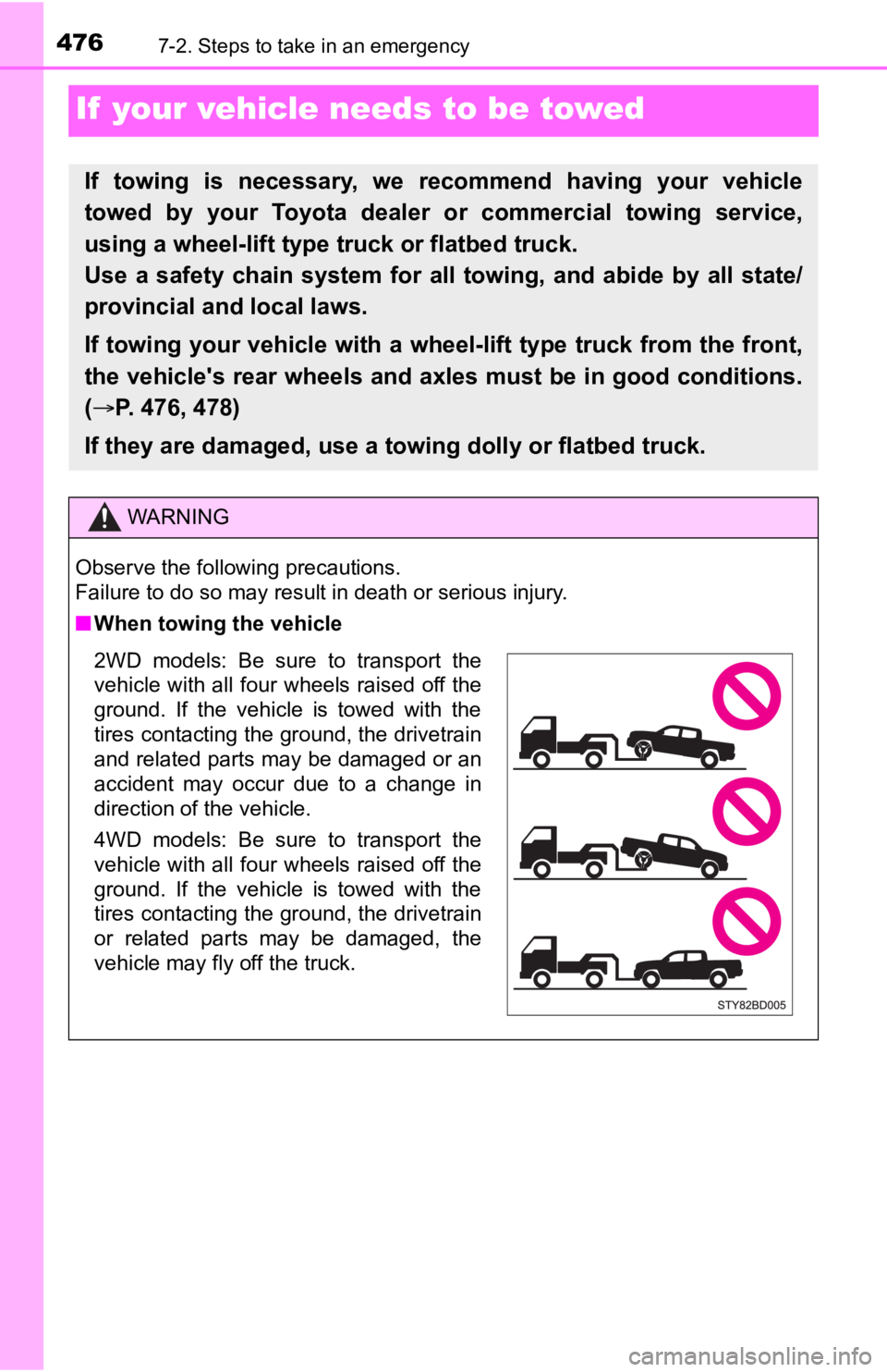 TOYOTA TUNDRA 2023 Owners Manual 4767-2. Steps to take in an emergency
If your vehicle needs to be towed
If towing is necessary, we recommend having your vehicle
towed by your Toyota dealer or commercial towing servi TOYOTA TUNDRA 2023 Owners Manual 4767-2. Steps to take in an emergency
If your vehicle needs to be towed
If towing is necessary, we recommend having your vehicle
towed by your Toyota dealer or commercial towing servi