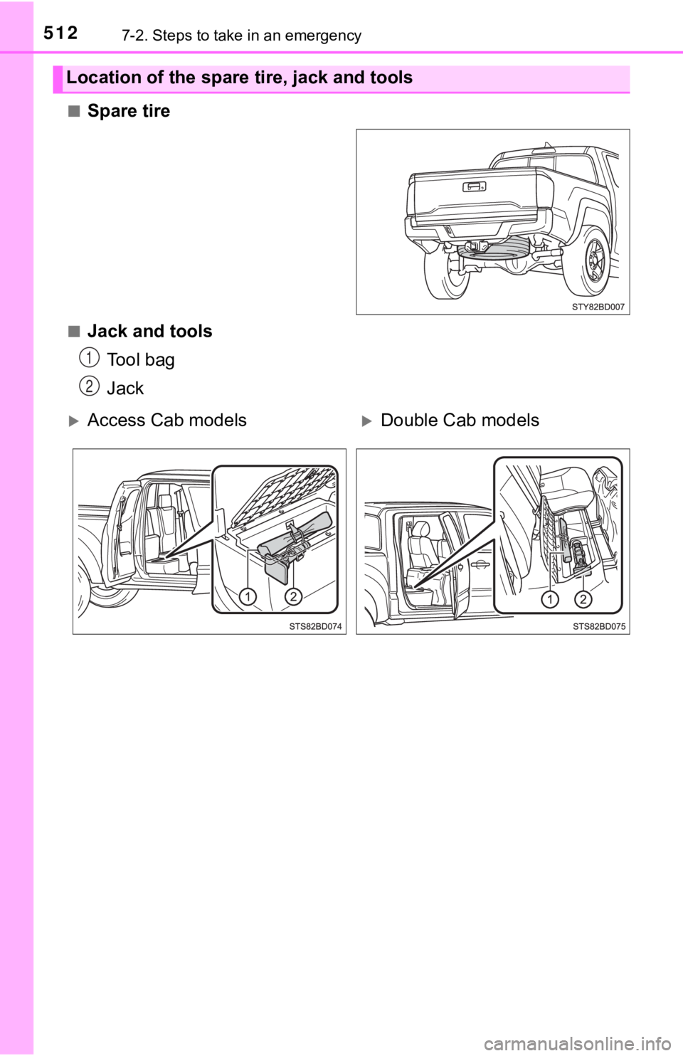 TOYOTA TUNDRA 2023  Owners Manual 5127-2. Steps to take in an emergency
■Spare tire
■Jack and toolsTool bag
Jack
Location of the spare tire, jack and tools
1
2
Access Cab modelsDouble Cab models 