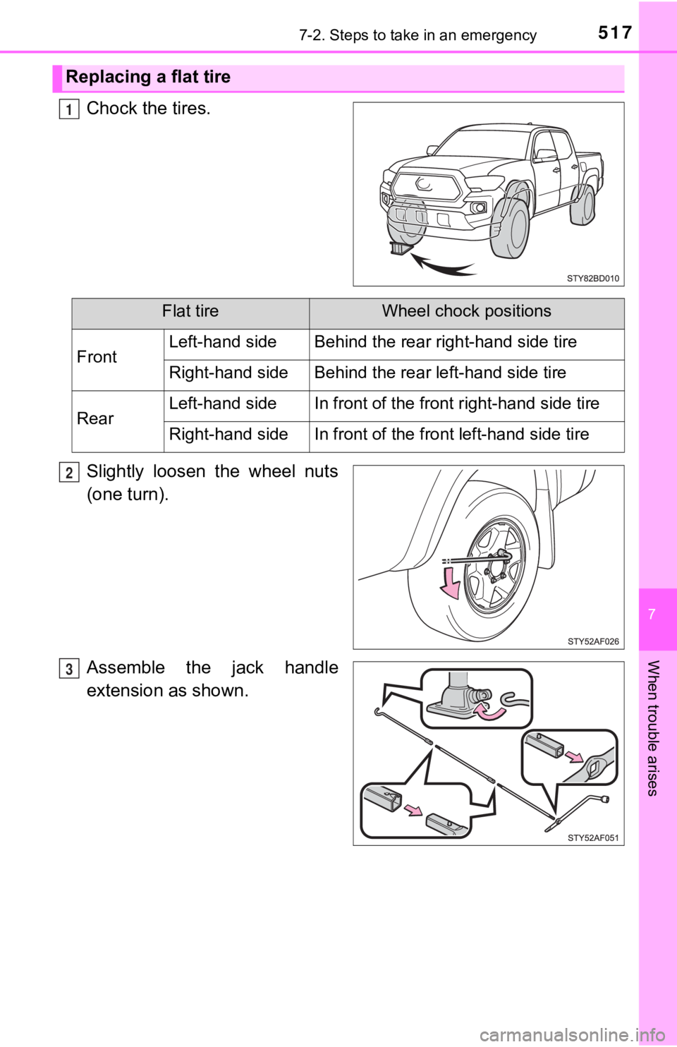 TOYOTA TUNDRA 2023  Owners Manual 5177-2. Steps to take in an emergency
7
When trouble arises
Chock the tires.
Slightly  loosen  the  wheel  nuts
(one turn).
Assemble  the  jack  handle
extension as shown.
Replacing a flat tire
1
Flat