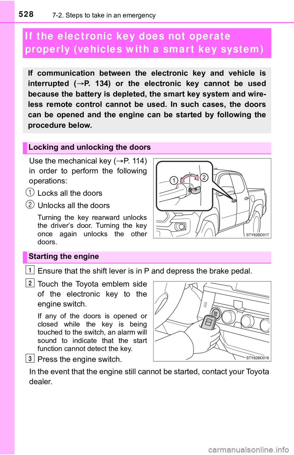 TOYOTA TUNDRA 2023 Owners Manual 5287-2. Steps to take in an emergency
If the electronic key does not operate
properly (vehicles with a smar t key system)
Use the mechanical key (P. 114)
in order to perform the following
op TOYOTA TUNDRA 2023 Owners Manual 5287-2. Steps to take in an emergency
If the electronic key does not operate
properly (vehicles with a smar t key system)
Use the mechanical key (P. 114)
in order to perform the following
op