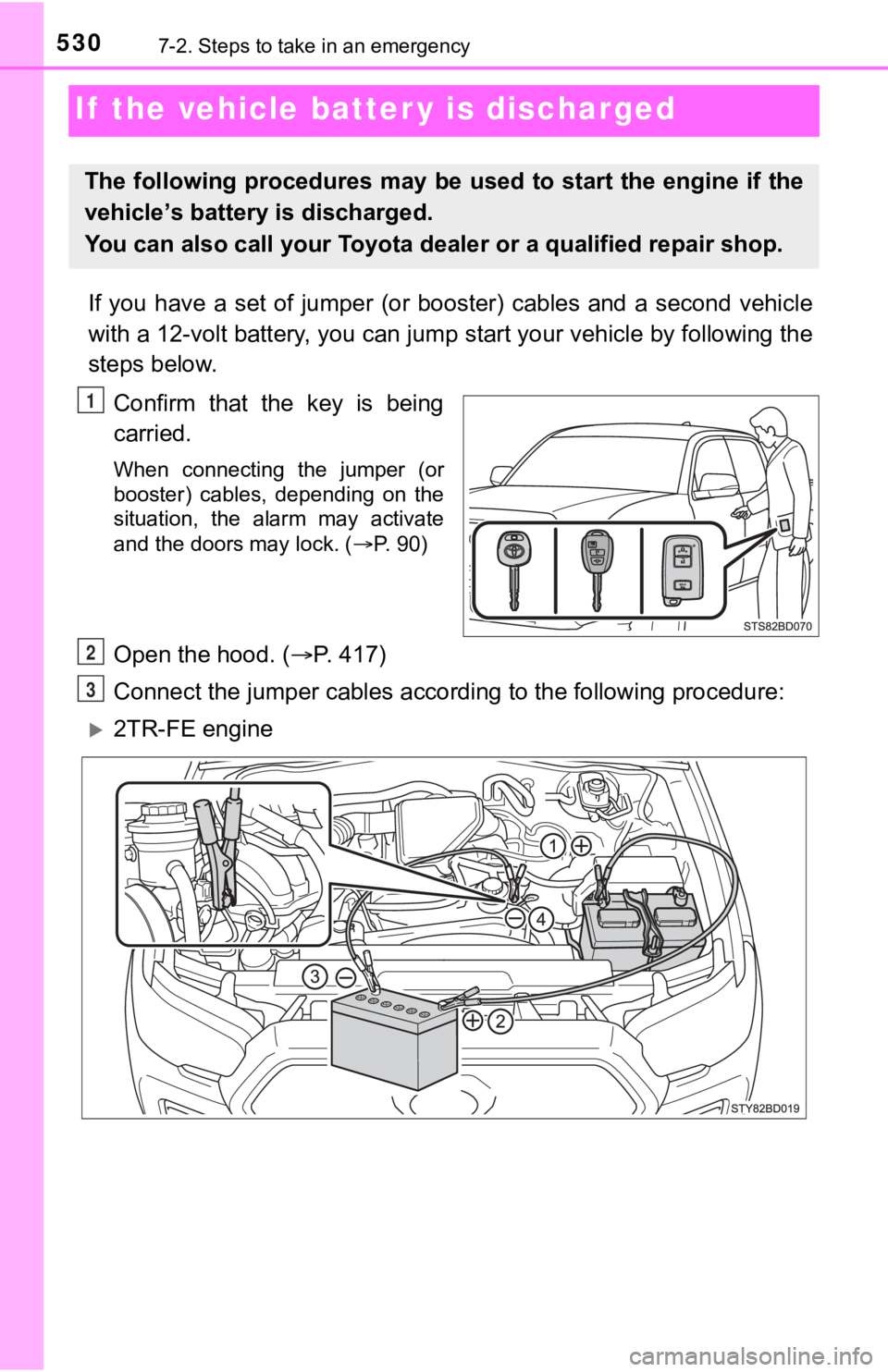 TOYOTA TUNDRA 2023 Owners Manual 5307-2. Steps to take in an emergency
If the vehicle batter y is discharged
If you have a set of jumper (or booster) cables and a second ve hicle
with a 12-volt battery, you can jump sta TOYOTA TUNDRA 2023 Owners Manual 5307-2. Steps to take in an emergency
If the vehicle batter y is discharged
If you have a set of jumper (or booster) cables and a second ve hicle
with a 12-volt battery, you can jump sta