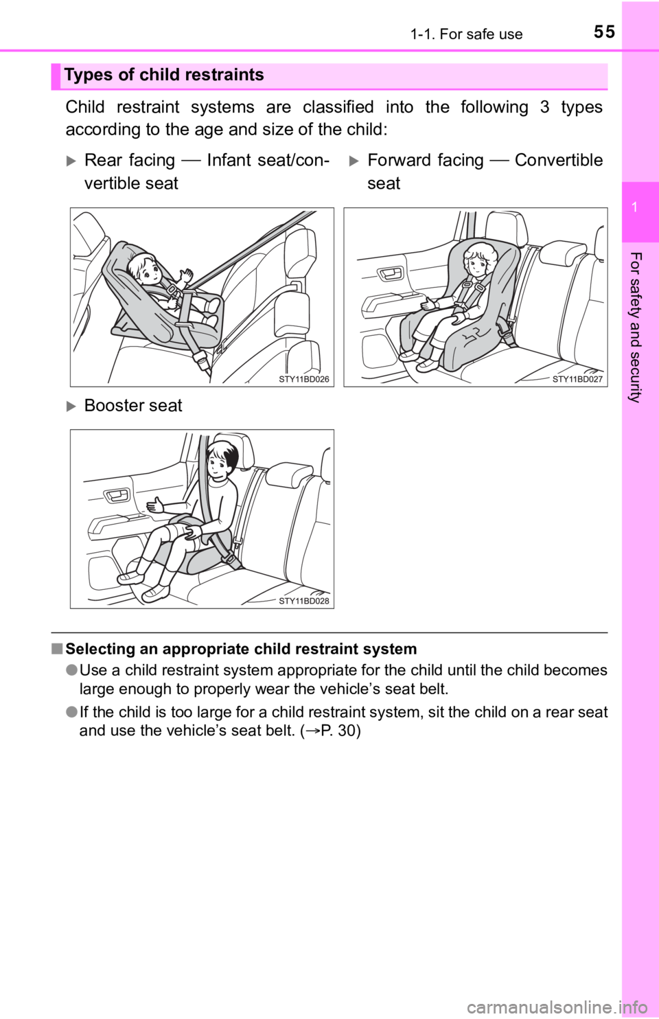 TOYOTA TUNDRA 2023 Workshop Manual 551-1. For safe use
1
For safety and security
Child  restraint  systems  are  classified  into  the  following  3  types
according to the age a nd size of the child:
■Selecting an appropriate child 