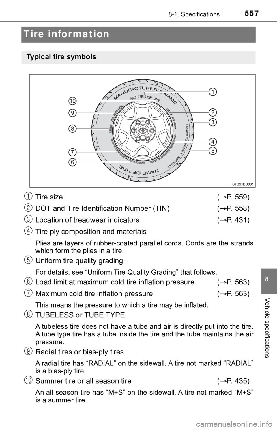 TOYOTA TUNDRA 2023 Owners Manual 5578-1. Specifications
8
Vehicle specifications
Tire information
Tire size ( P. 559)
DOT and Tire Identification Number (TIN) ( P. 558)
Location of treadwear indicators ( P. 431)
Tire ply com TOYOTA TUNDRA 2023 Owners Manual 5578-1. Specifications
8
Vehicle specifications
Tire information
Tire size ( P. 559)
DOT and Tire Identification Number (TIN) ( P. 558)
Location of treadwear indicators ( P. 431)
Tire ply com