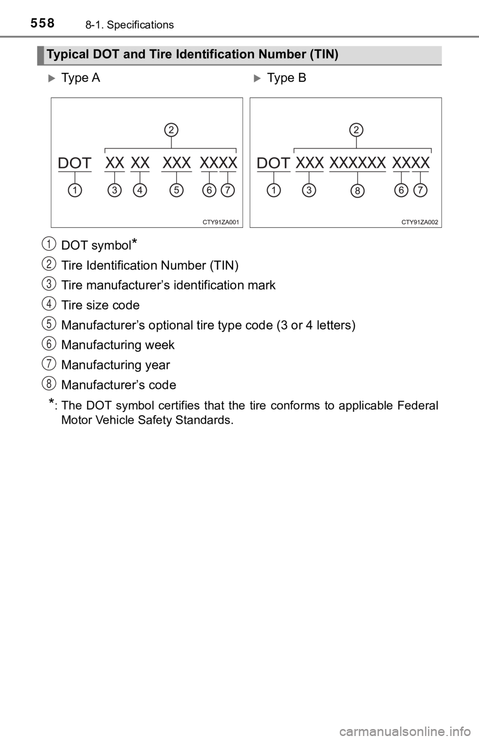 TOYOTA TUNDRA 2023 Owners Manual 5588-1. Specifications
DOT symbol*
Tire Identification Number (TIN)
Tire manufacturer’s identification mark
Tire size code
Manufacturer’s optional tire type code (3 or 4 letters)
Manufacturing wee TOYOTA TUNDRA 2023 Owners Manual 5588-1. Specifications
DOT symbol*
Tire Identification Number (TIN)
Tire manufacturer’s identification mark
Tire size code
Manufacturer’s optional tire type code (3 or 4 letters)
Manufacturing wee