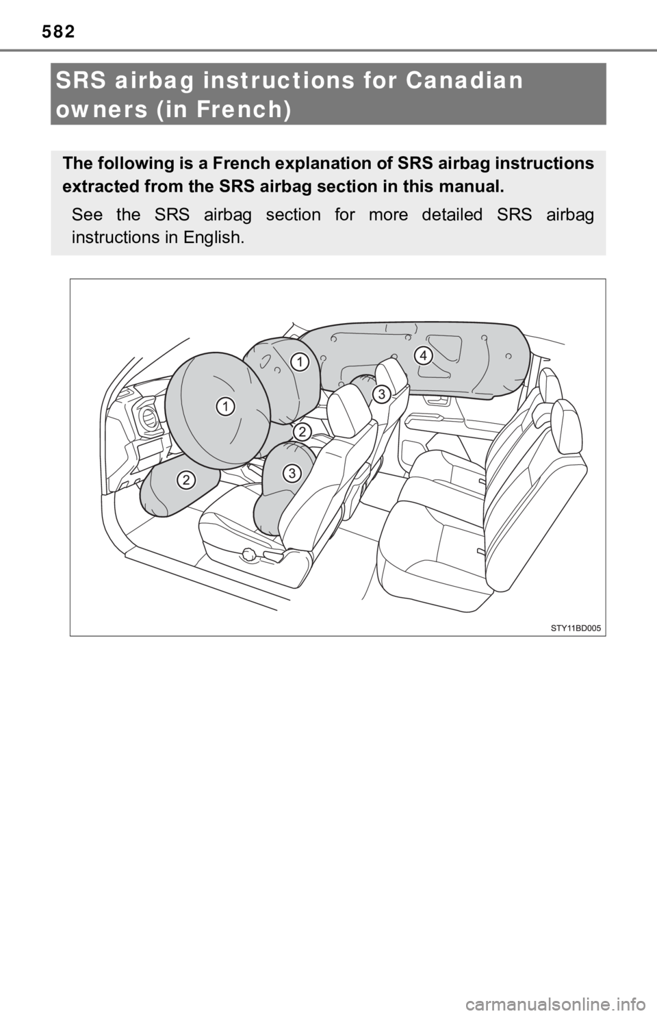 TOYOTA TUNDRA 2023  Owners Manual 582
SRS airbag instructions for Canadian 
owners (in French)
The following is a French explanation of SRS airbag instructions
extracted from the SRS air bag section in this manual.
See  the  SRS  airb