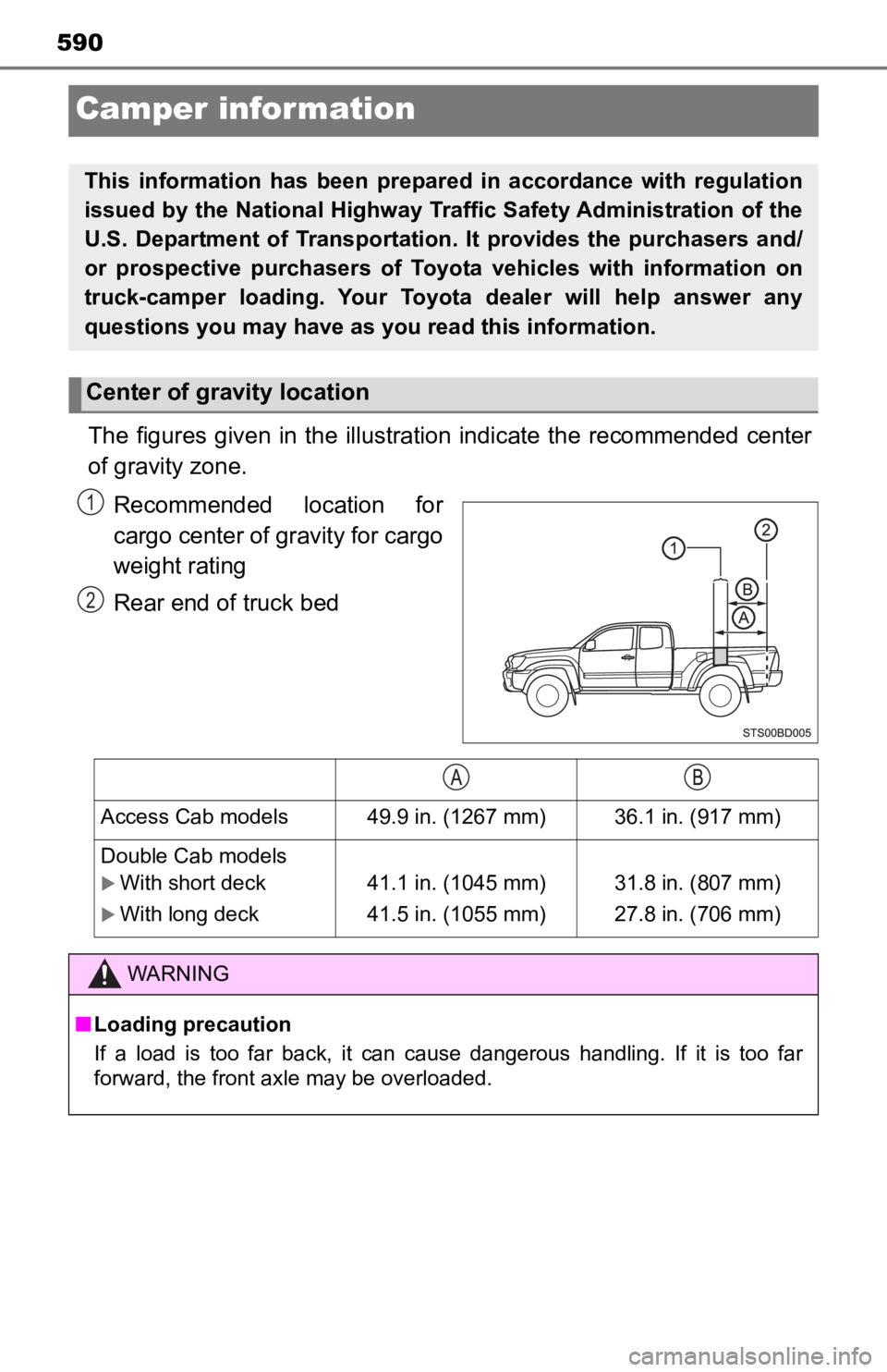 TOYOTA TUNDRA 2023  Owners Manual 590
Camper information
The  figures  given  in  the  illustration  indicate  the  recommended  center
of gravity zone.
Recommended  location  for
cargo center of gravity for cargo
weight rating
Rear e