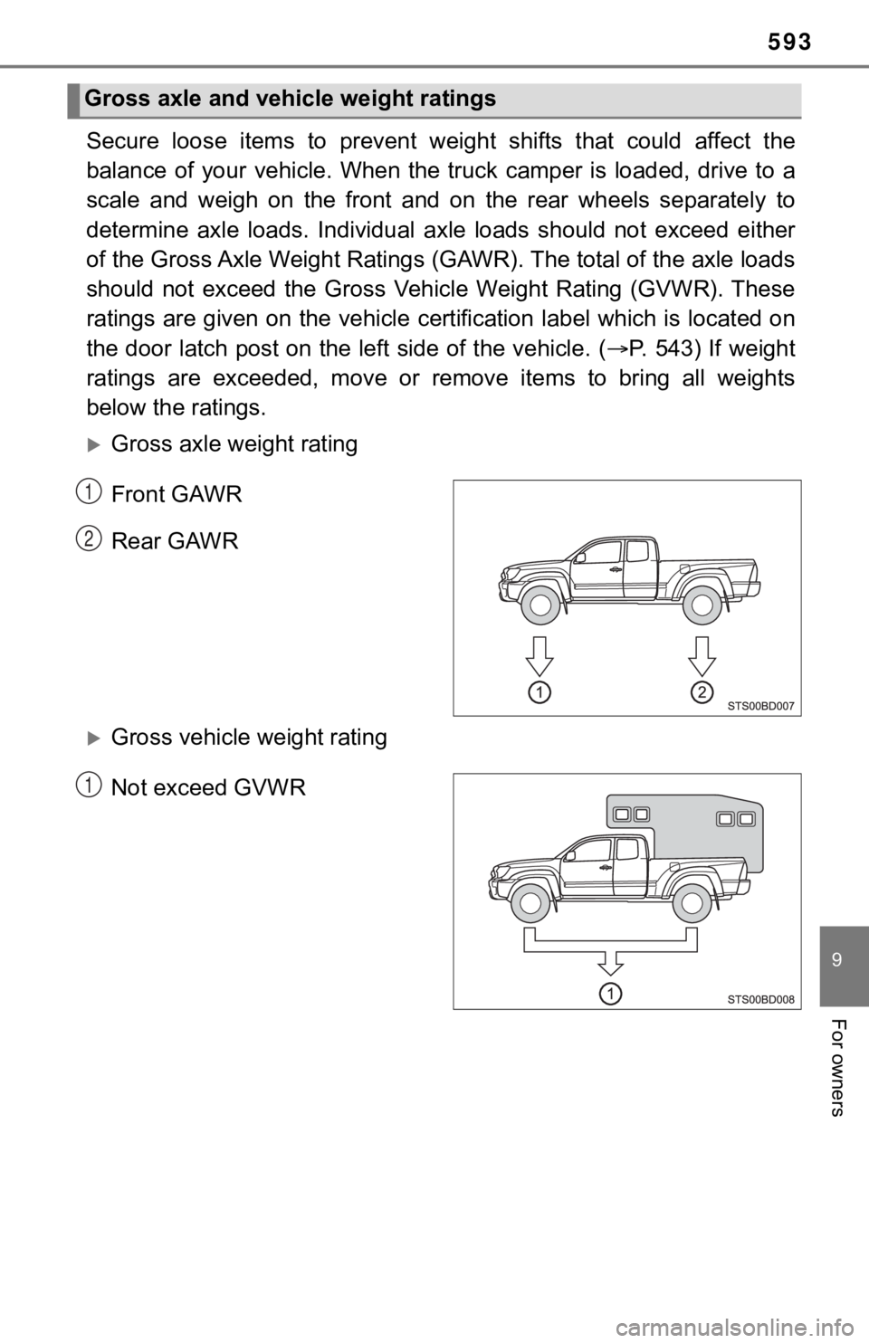 TOYOTA TUNDRA 2023  Owners Manual 593
9
For owners
Secure  loose  items  to  prevent  weight  shifts  that  could  affect  the
balance  of  your  vehicle.  When  the  truck  camper  is  loaded,  drive  to a
scale  and  weigh  on  the 