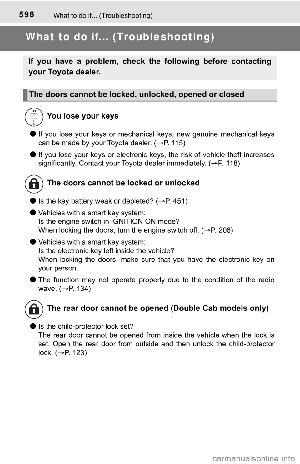 TOYOTA TUNDRA 2023  Owners Manual 596What to do if... (Troubleshooting)
What to do if... (Troubleshooting)
●If  you  lose  your  keys  or  mechanical  keys,  new  genuine  mechanical  keys
can be made by your Toyota dealer. ( P. 