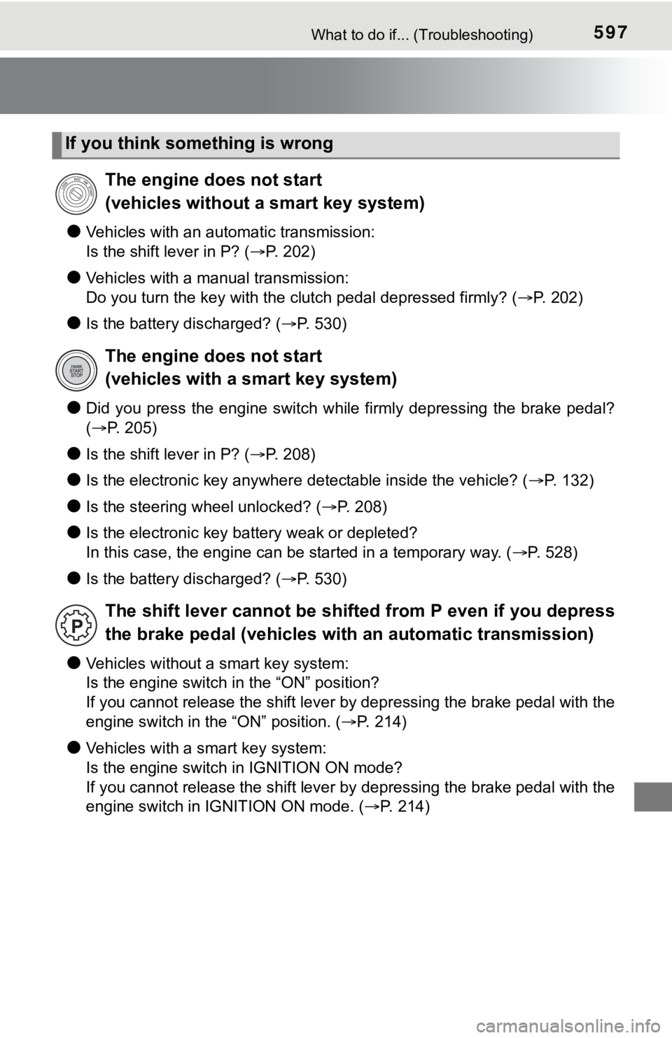TOYOTA TUNDRA 2023  Owners Manual 597What to do if... (Troubleshooting)
●Vehicles with an automatic transmission: 
Is the shift lever in P? (P. 202)
●Vehicles with a manual transmission: 
Do you turn the key with the clutch ped
