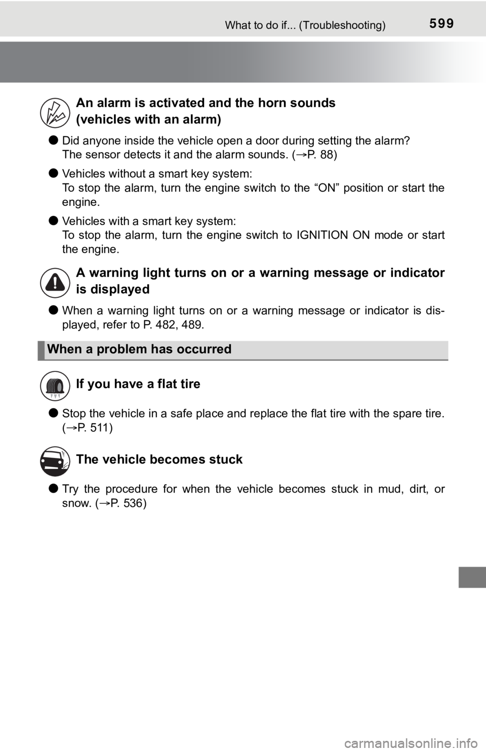 TOYOTA TUNDRA 2023  Owners Manual 599What to do if... (Troubleshooting)
●Did anyone inside the vehicle open a door during setting the alarm?
The sensor detects it and the alarm sounds. ( P. 88)
●Vehicles without a smart key sys