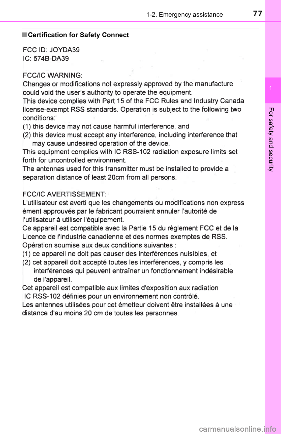 TOYOTA TUNDRA 2023 Manual PDF 771-2. Emergency assistance
1
For safety and security
■Certification for Safety Connect 