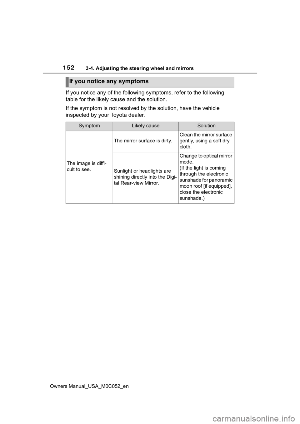 TOYOTA TUNDRA HYBRID 2023  Owners Manual 1523-4. Adjusting the steering wheel and mirrors
Owners Manual_USA_M0C052_en
If you notice any of the following symptoms, refer to the following 
table for the likely cause and the solution.
If the sy