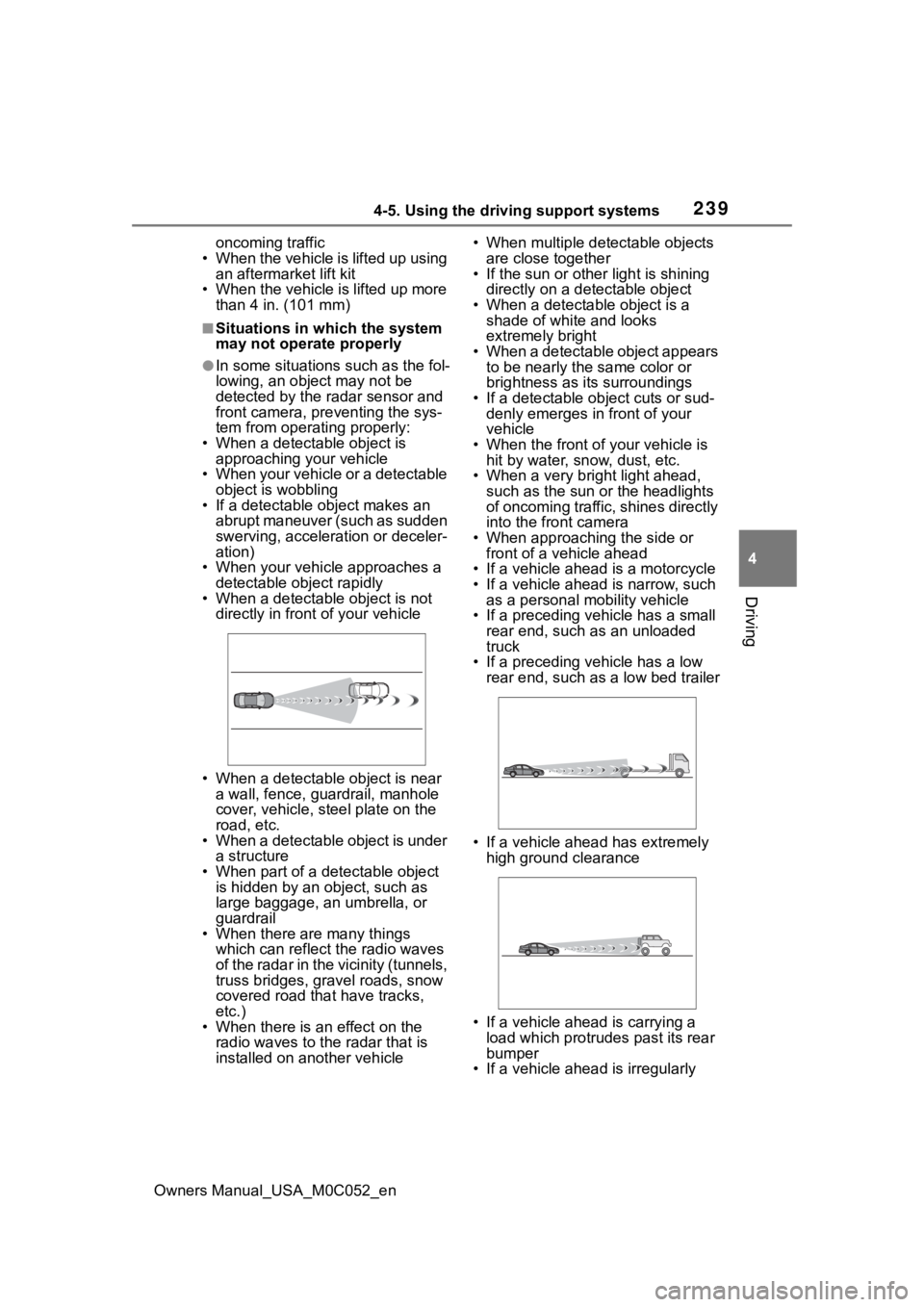 TOYOTA TUNDRA HYBRID 2023 Owners Manual 2394-5. Using the driving support systems
Owners Manual_USA_M0C052_en
4
Driving
oncoming traffic
• When the vehicle is lifted up using an aftermarket lift kit
• When the vehicle is lifted up more TOYOTA TUNDRA HYBRID 2023 Owners Manual 2394-5. Using the driving support systems
Owners Manual_USA_M0C052_en
4
Driving
oncoming traffic
• When the vehicle is lifted up using an aftermarket lift kit
• When the vehicle is lifted up more
