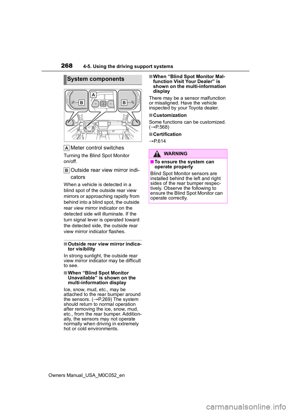TOYOTA TUNDRA HYBRID 2023 Owners Manual 2684-5. Using the driving support systems
Owners Manual_USA_M0C052_en
Meter control switches
Turning the Blind Spot Monitor
on/off.
Outside rear view mirror indi-
cators
When a vehicle is detected in TOYOTA TUNDRA HYBRID 2023 Owners Manual 2684-5. Using the driving support systems
Owners Manual_USA_M0C052_en
Meter control switches
Turning the Blind Spot Monitor
on/off.
Outside rear view mirror indi-
cators
When a vehicle is detected in