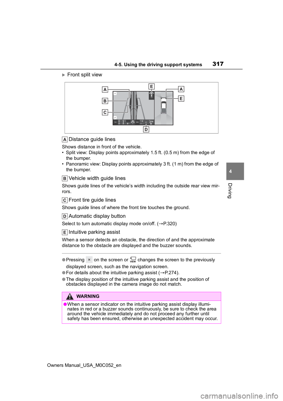 TOYOTA TUNDRA HYBRID 2023  Owners Manual 3174-5. Using the driving support systems
Owners Manual_USA_M0C052_en
4
Driving
Front split view Distance guide lines
Shows distance in fr ont of the vehicle.
• Split view: Display points appro x