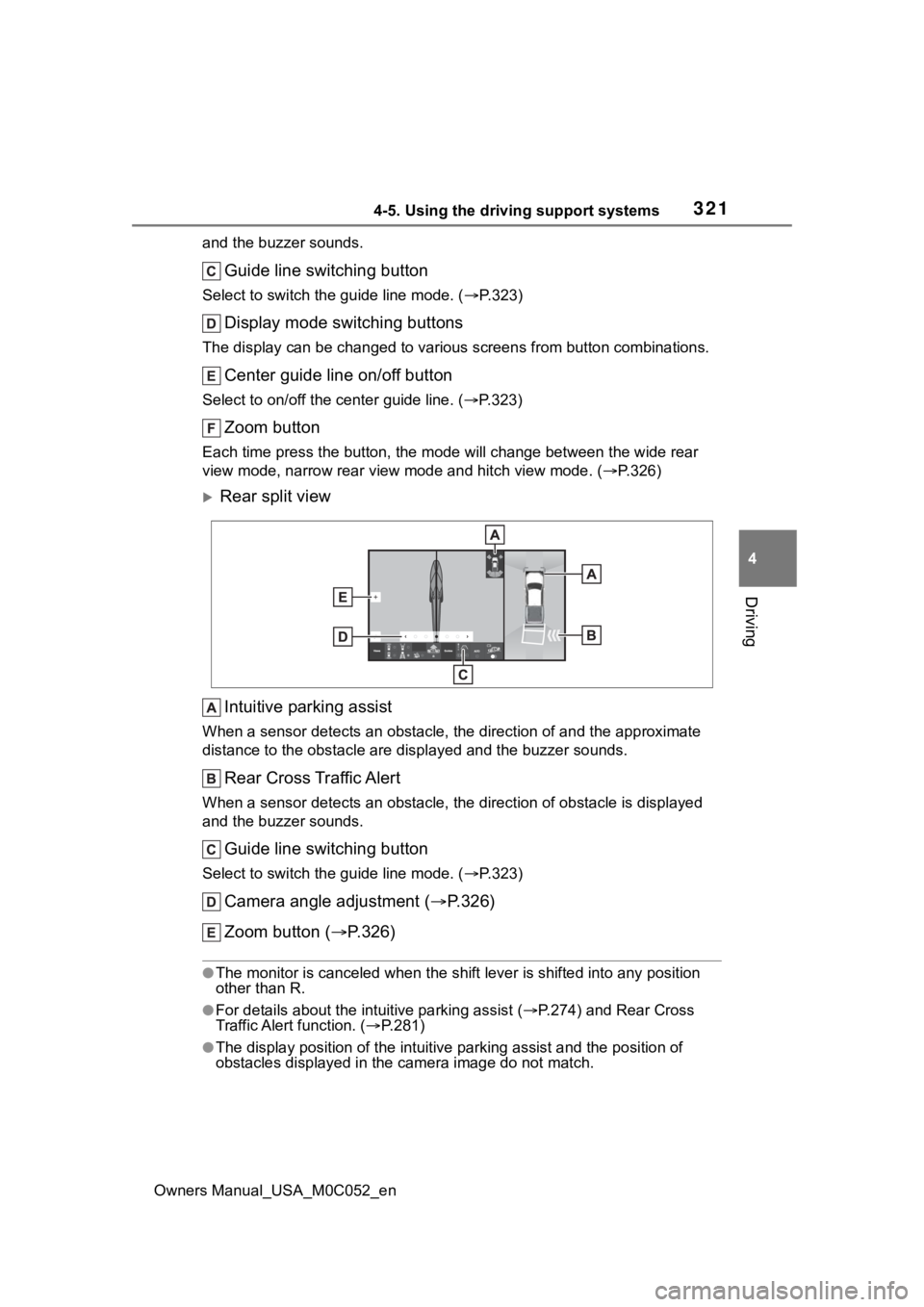 TOYOTA TUNDRA HYBRID 2023 Owners Manual 3214-5. Using the driving support systems
Owners Manual_USA_M0C052_en
4
Driving
and the buzzer sounds.
Guide line switching button
Select to switch the guide line mode. ( P.323)
Display mode switch TOYOTA TUNDRA HYBRID 2023 Owners Manual 3214-5. Using the driving support systems
Owners Manual_USA_M0C052_en
4
Driving
and the buzzer sounds.
Guide line switching button
Select to switch the guide line mode. ( P.323)
Display mode switch