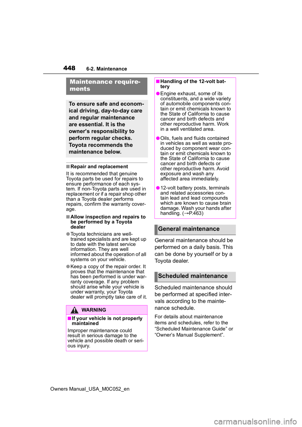 TOYOTA TUNDRA HYBRID 2023  Owners Manual 4486-2. Maintenance
Owners Manual_USA_M0C052_en
6-2.Maintenance
■Repair and replacement
It is recommended that genuine 
Toyota parts be used for repairs to 
ensure performanc e of each sys-
tem. If 