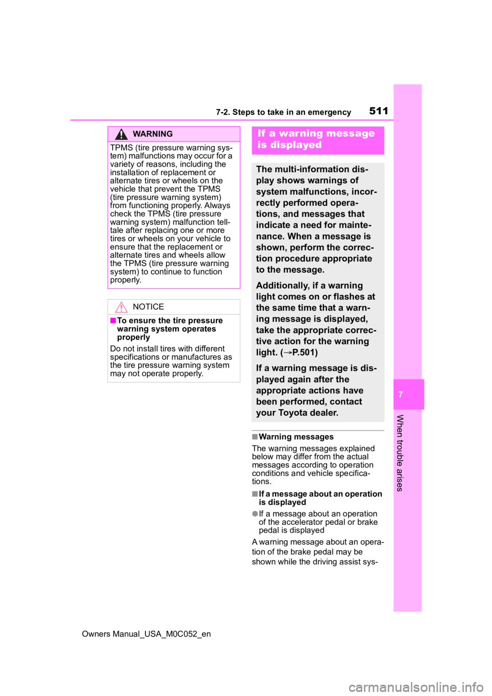 TOYOTA TUNDRA HYBRID 2023  Owners Manual 5117-2. Steps to take in an emergency
Owners Manual_USA_M0C052_en
7
When trouble arises
■Warning messages
The warning messages explained 
below may differ from the actual 
messages according to oper