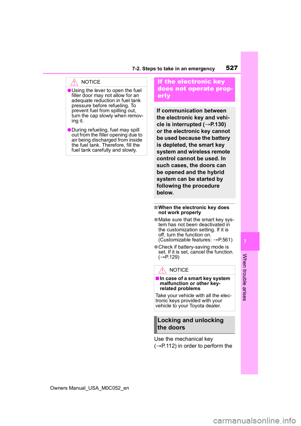 TOYOTA TUNDRA HYBRID 2023  Owners Manual 5277-2. Steps to take in an emergency
Owners Manual_USA_M0C052_en
7
When trouble arises
■When the electronic key does 
not work properly
●Make sure that the smart key sys-
tem has not been deactiv