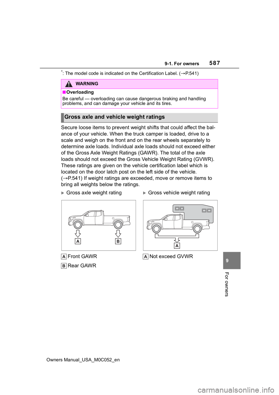 TOYOTA TUNDRA HYBRID 2023  Owners Manual 5879-1. For owners
Owners Manual_USA_M0C052_en
9
For owners
*: The model code is indicated on  the Certification Label. (P.541)
Secure loose items to prevent w eight shifts that could affect the ba
